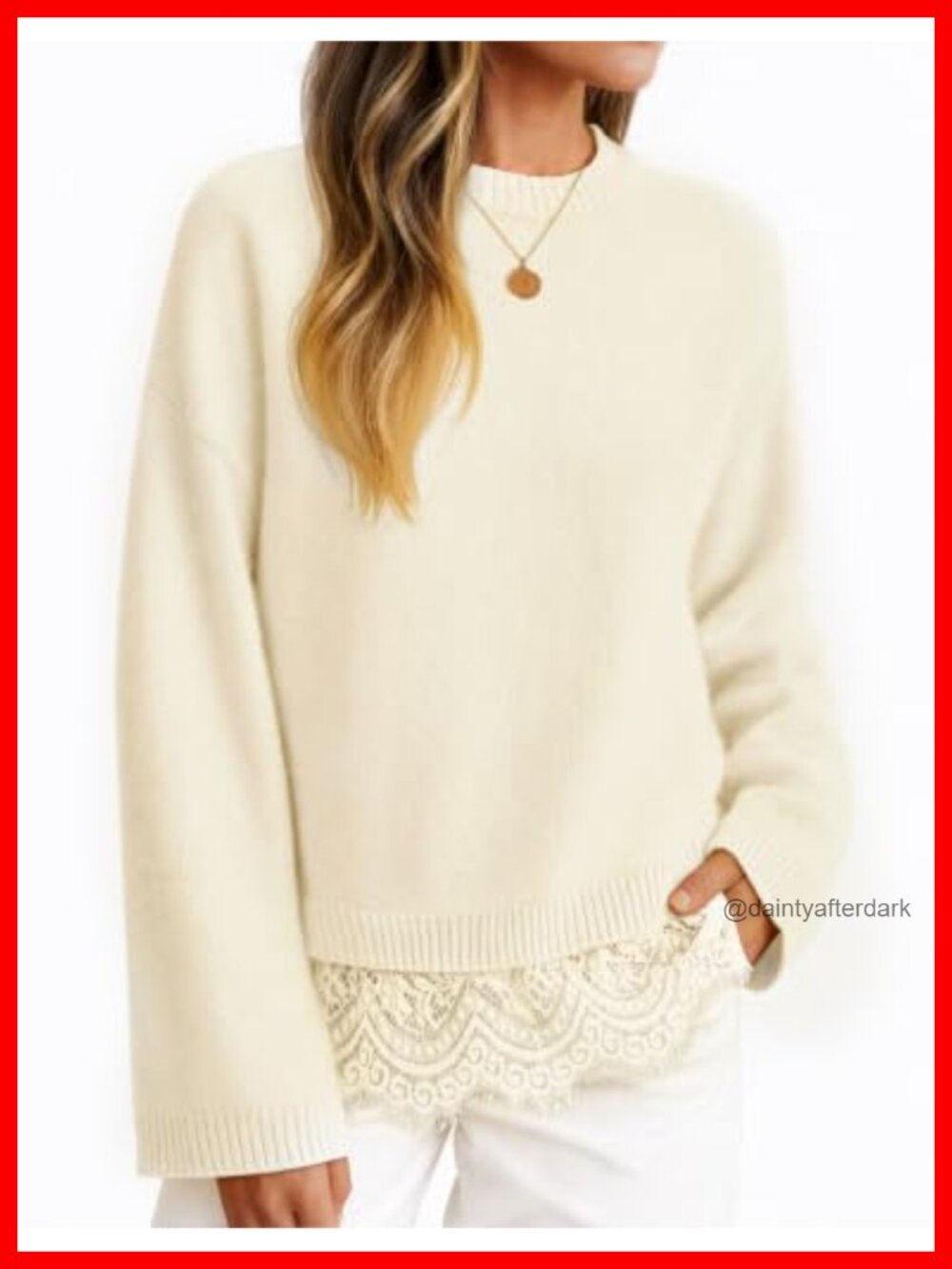 Lace Trim Pullover Sweater Crew Neck Drop Shoulder Long Sleeve Knit Top
